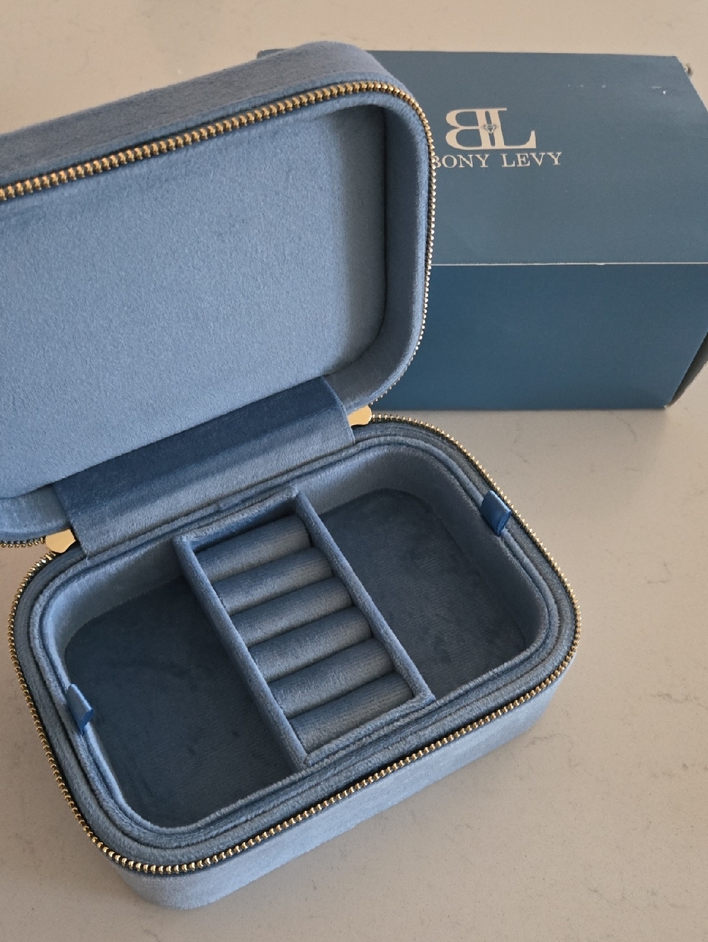 New In Box Bony Levy Blue Travel Jewelry Box Case Zipper Jewelry Storage Box